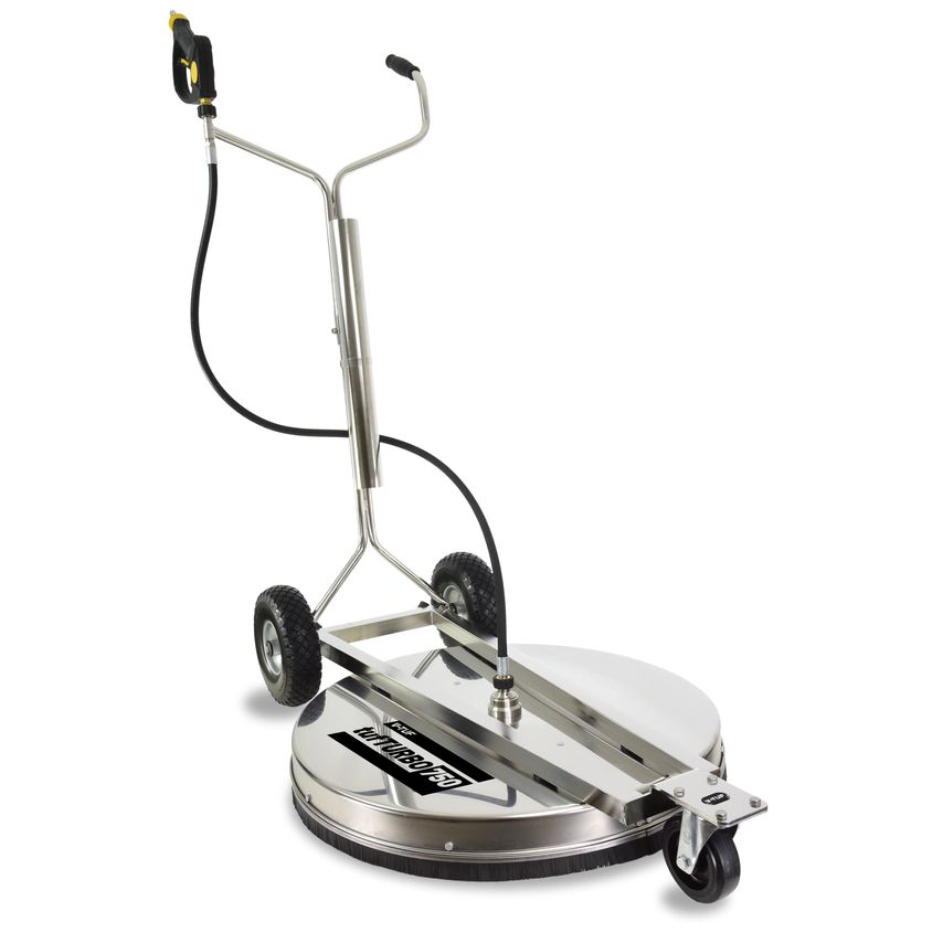 V-Tuf TufTURBO750 XL Surface Cleaner features a 30" stainless-steel circular cleaning head, dual wheels for mobility, and a handle with a pressure hose attachment.