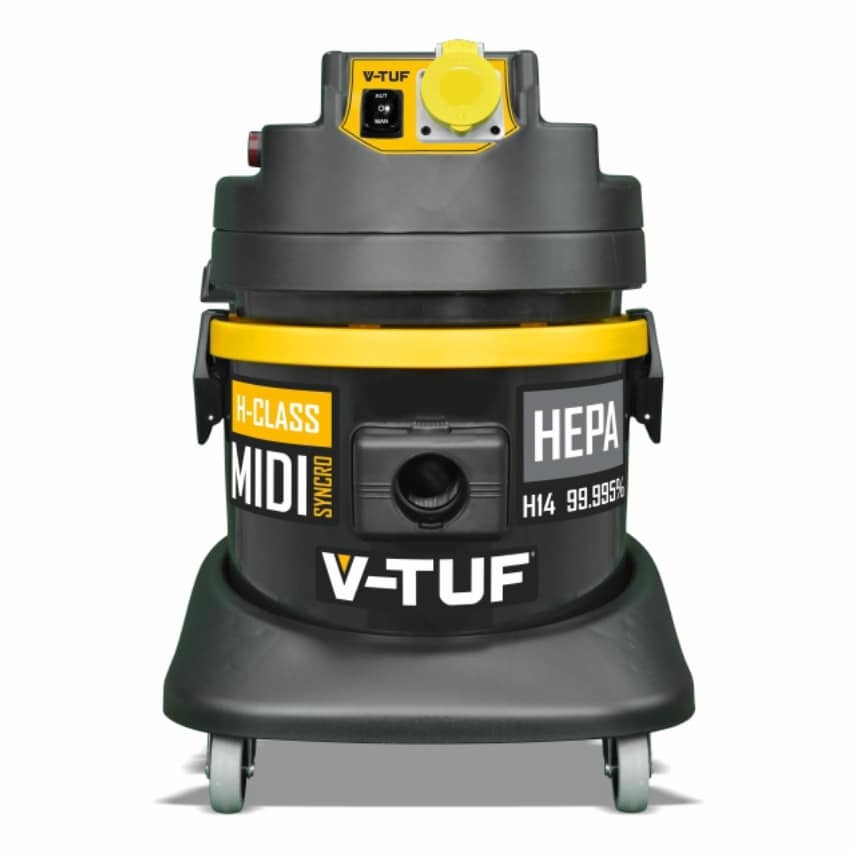V-Tuf MIDI Syncro 110V H Class Dust Extractor features a black and yellow design, equipped with a HEPA filter, large wheels, and a power tool syncro connection.