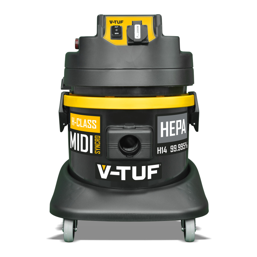 V-Tuf MIDI Syncro 240V dust extractor in black and yellow, featuring a HEPA filter, power tool sync function, and mounted on wheels for easy mobility.
