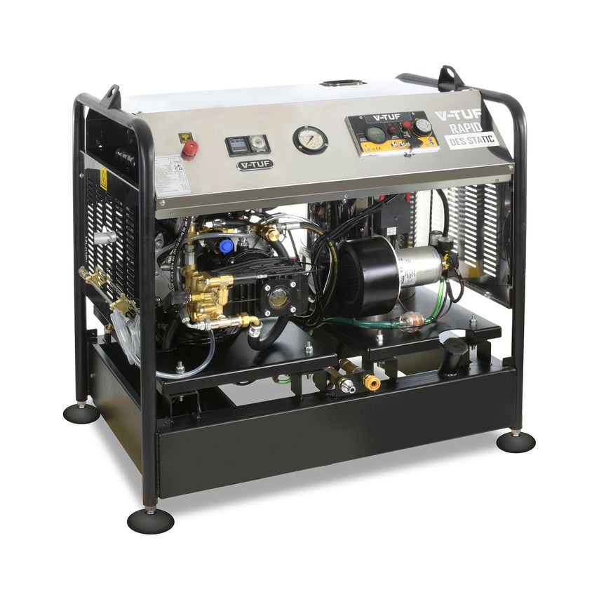V-Tuf Rapid Des 21/200 Diesel Static Hot Water Washer features a black metal frame, a silver control panel with gauges, and visible internal components like a pump and motor.
