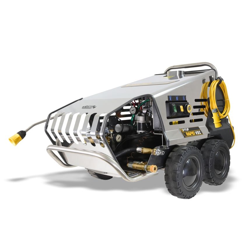 Professional hot water industrial pressure washer with a silver and black body, four large wheels, a yellow hose, and various control buttons on the front panel.