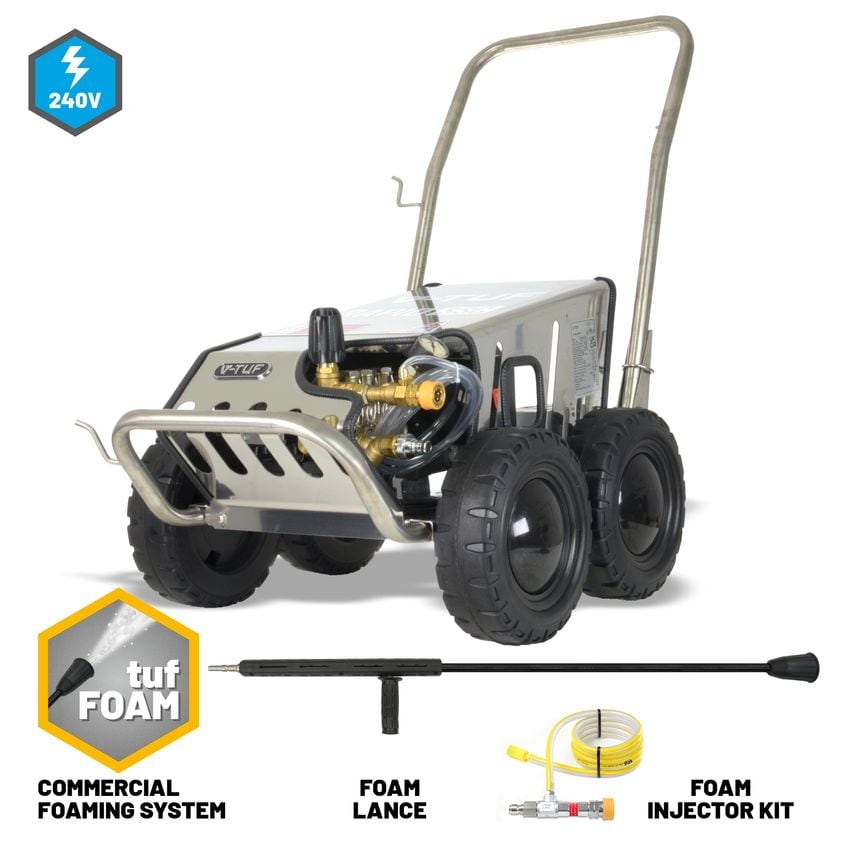 V-Tuf Rapid 240V industrial pressure washer features a stainless steel frame, large black wheels, a commercial foaming system, and includes a foam lance and injector kit.