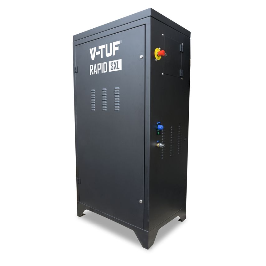 V-TUF RAPIDSXLBE415V black static hot pressure washer features a sturdy metal casing, a control panel with a red power button, and blue water inlet and outlet connections.