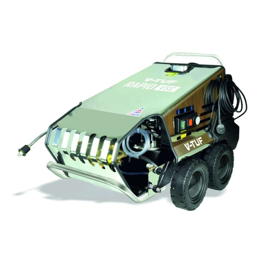 V-Tuf RapidVSC415V hot water stainless industrial mobile pressure washer in grey, featuring a sturdy design, large wheels, control panel with buttons, and a coiled hose.