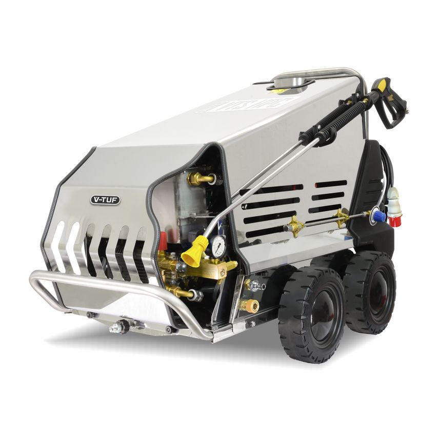 Silver and black mobile hot pressure washer with a robust design, featuring a large handle, wheels for mobility, and various control knobs and connectors on the front.