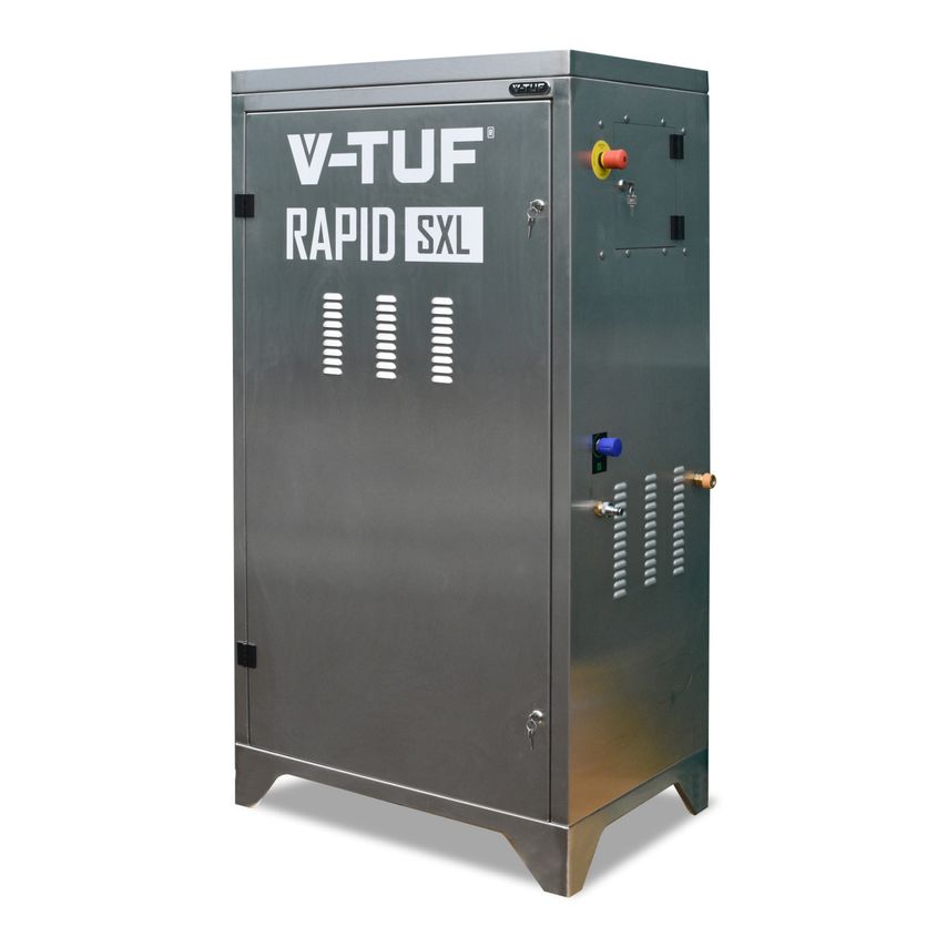 V-Tuf 240V static stainless steel hot washer features a sleek silver exterior, prominent branding, control knobs, and water inlet/outlet connections on the front panel.