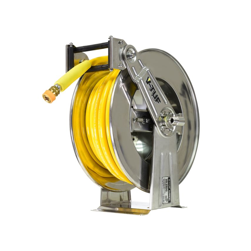 Retractable stainless steel hose reel featuring a bright yellow 20M TufCOVER hose, designed for durability and ease of use, with a sturdy metal frame.