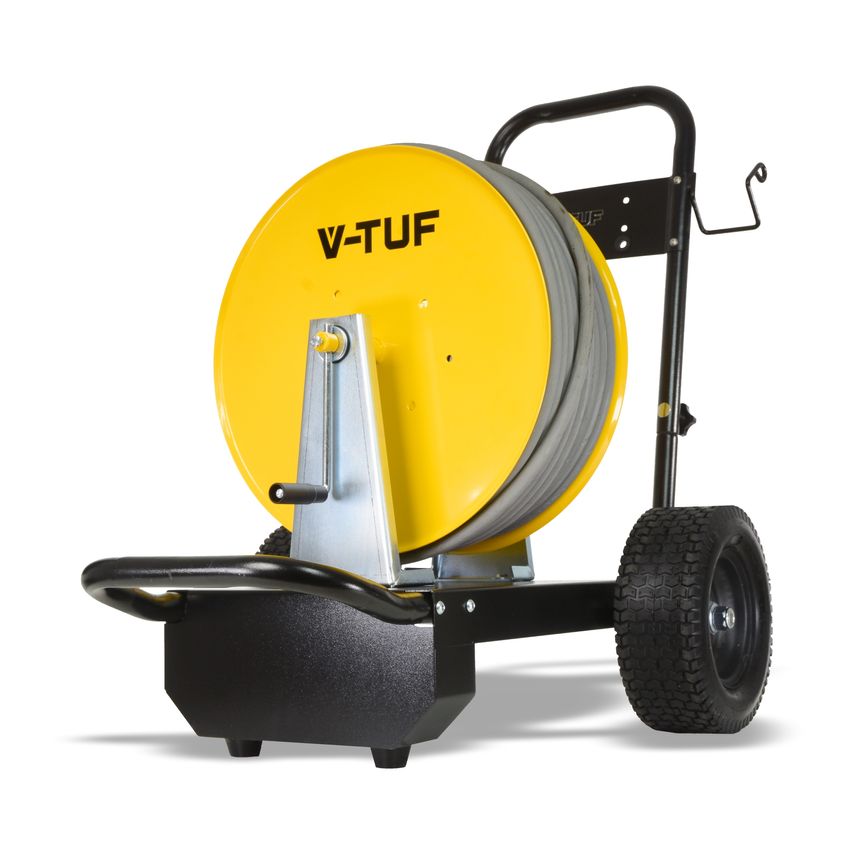 V-TUF TufREEL Manual Wind SR3 features a bright yellow reel, sturdy black frame, and includes a 100m 5/16 2W hose, designed for easy transport with durable wheels.