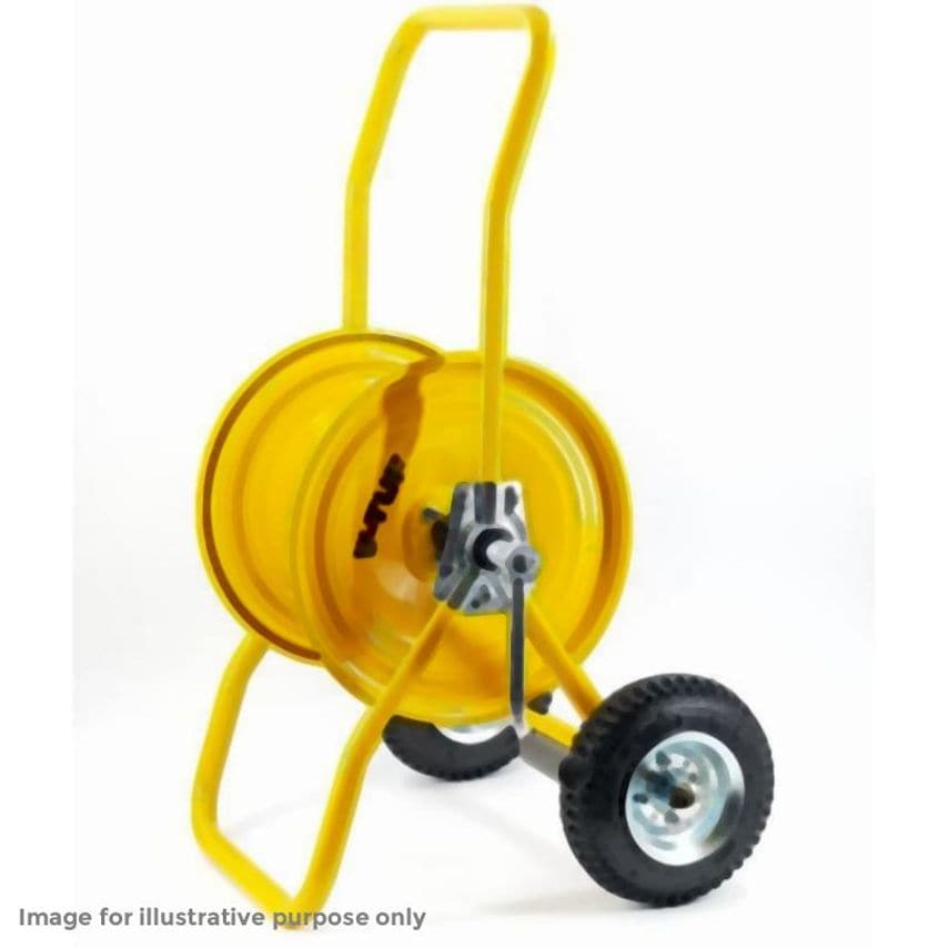 Yellow V-Tuf Manual Wind SR1 Portable Hose Reel with a sturdy metal frame, featuring a 30m 400BAR hose, and equipped with durable rubber wheels for easy mobility.
