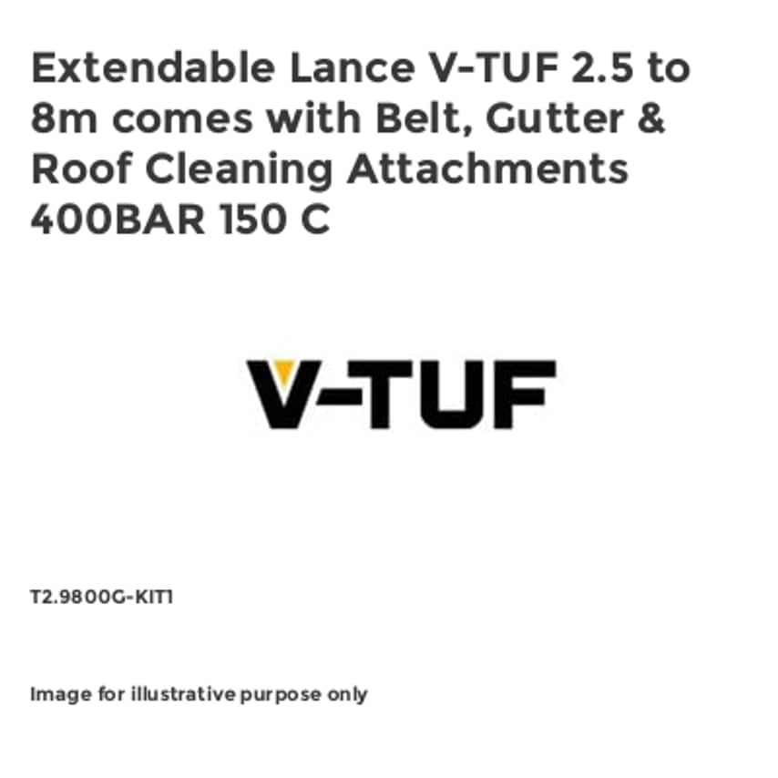 Extendable lance in black and yellow, adjustable from 2.5 to 8 meters, includes attachments for belt, gutter, and roof cleaning, designed for high-pressure use up to 400BAR.