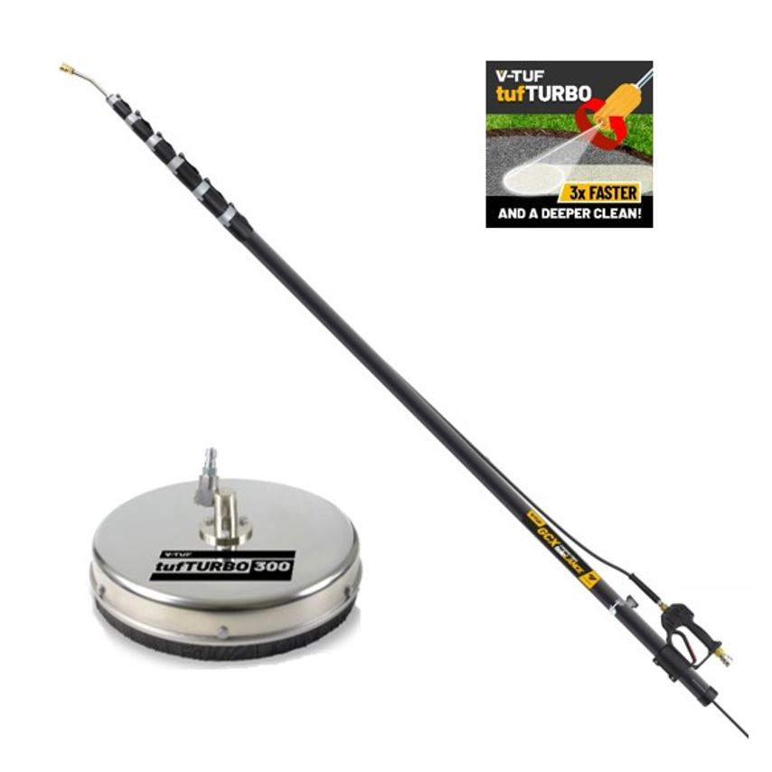 V-Tuf GCX33 carbon fiber telescopic lance in black, extending up to 10m, features a durable design with a yellow and black grip, ideal for high-reach cleaning tasks.