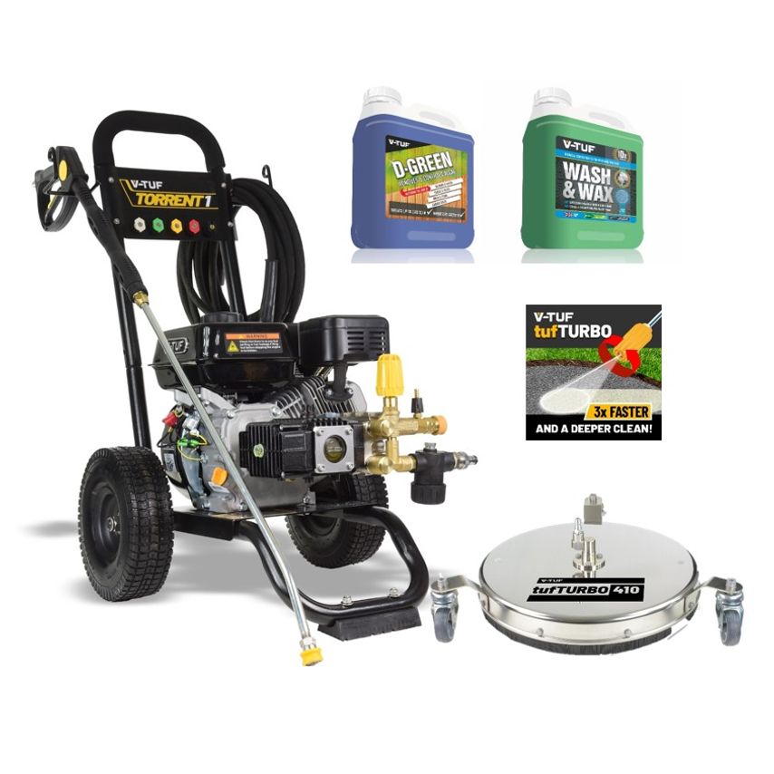 Black and yellow V-TUF Torrent petrol pressure washer with a 7HP engine, 190BAR pressure, 13L/min flow rate, and a 410mm patio cleaner attachment, accompanied by cleaning solution bottles.