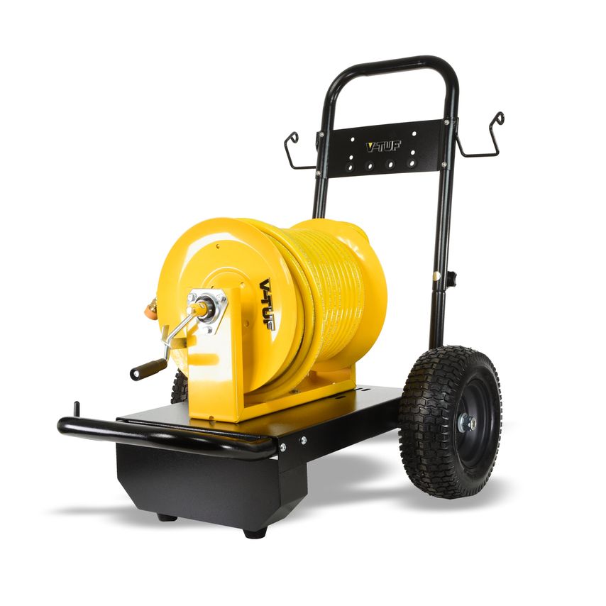 Yellow manual wind hose reel with a 50m hose, mounted on a sturdy black cart with two wheels, featuring a handle for easy transport and a durable TufCOVER.