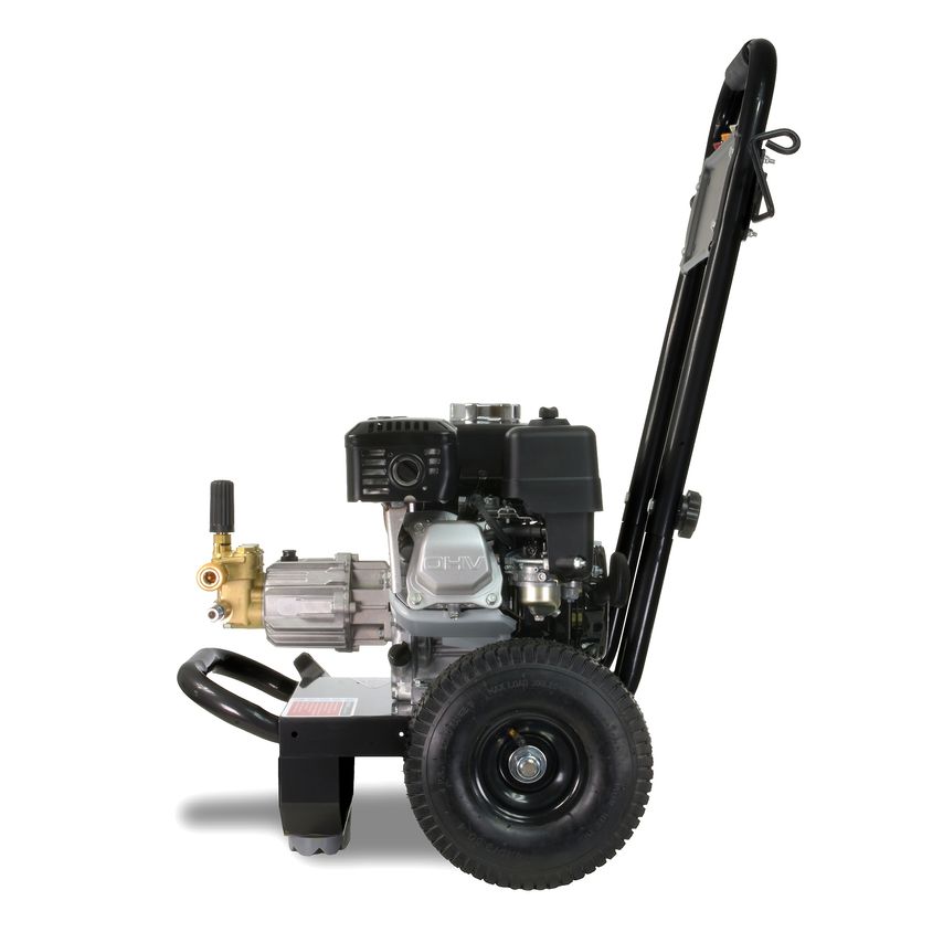 V-Tuf XRT200 petrol pressure washer features a robust black frame, 6.5HP engine, 2755PSI pressure output, and large wheels for mobility, with a compact design for easy storage.