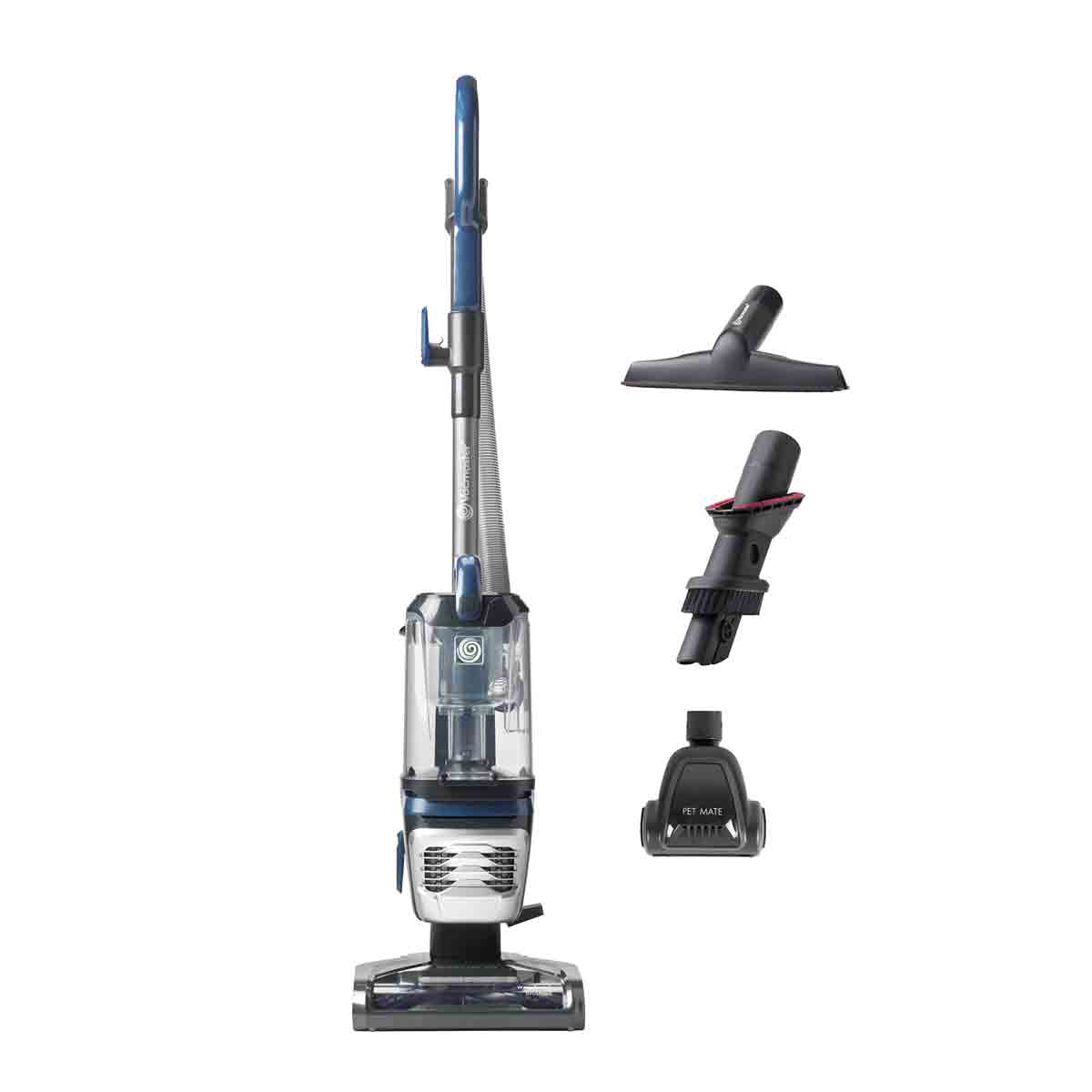Blue Vacmaster Respira Lift Off Pet Upright Vacuum Cleaner features a transparent dust container, detachable lift-off canister, and includes specialized pet hair attachments.