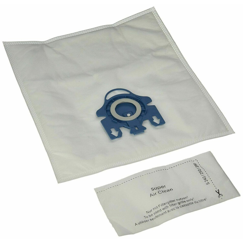White vacuum bag with a blue plastic holder and a small paper label reading "Super Air Clean," designed for Miele Type GN vacuum cleaners.