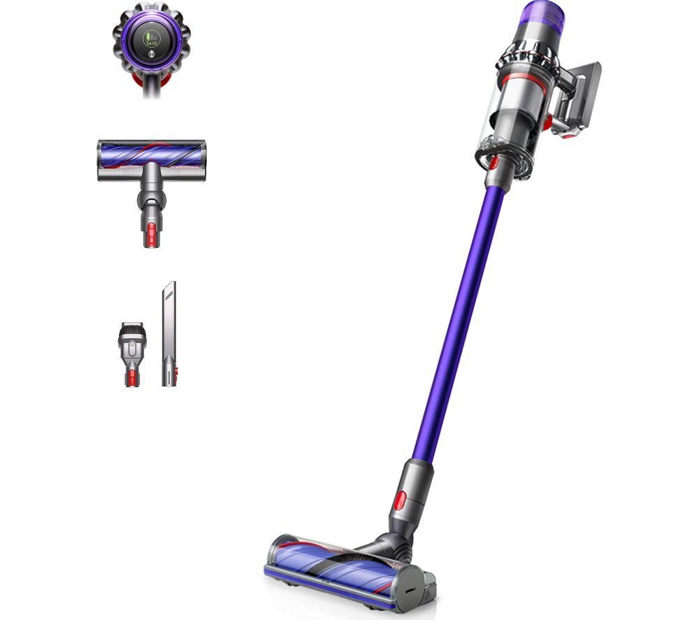 Dyson V11 Advanced-24 cordless vacuum cleaner in nickel and purple, featuring a sleek design, a purple wand, and a motorized cleaning head with a red accent.