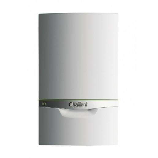 White wall-mounted combination boiler with a sleek design, featuring a green accent line and the Vaillant logo prominently displayed at the bottom.
