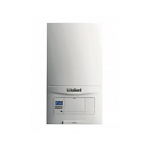 White Vaillant EcoFit Pure 830C combi boiler with a sleek design, featuring a digital display and control panel at the bottom, ideal for efficient heating and hot water supply.
