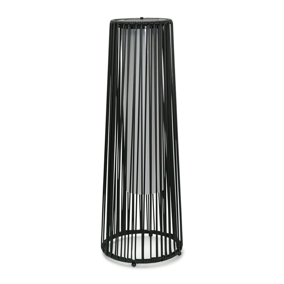 Large black PE rattan solar floor lamp featuring an open, cylindrical design with vertical slats and a white inner light diffuser, perfect for outdoor settings.