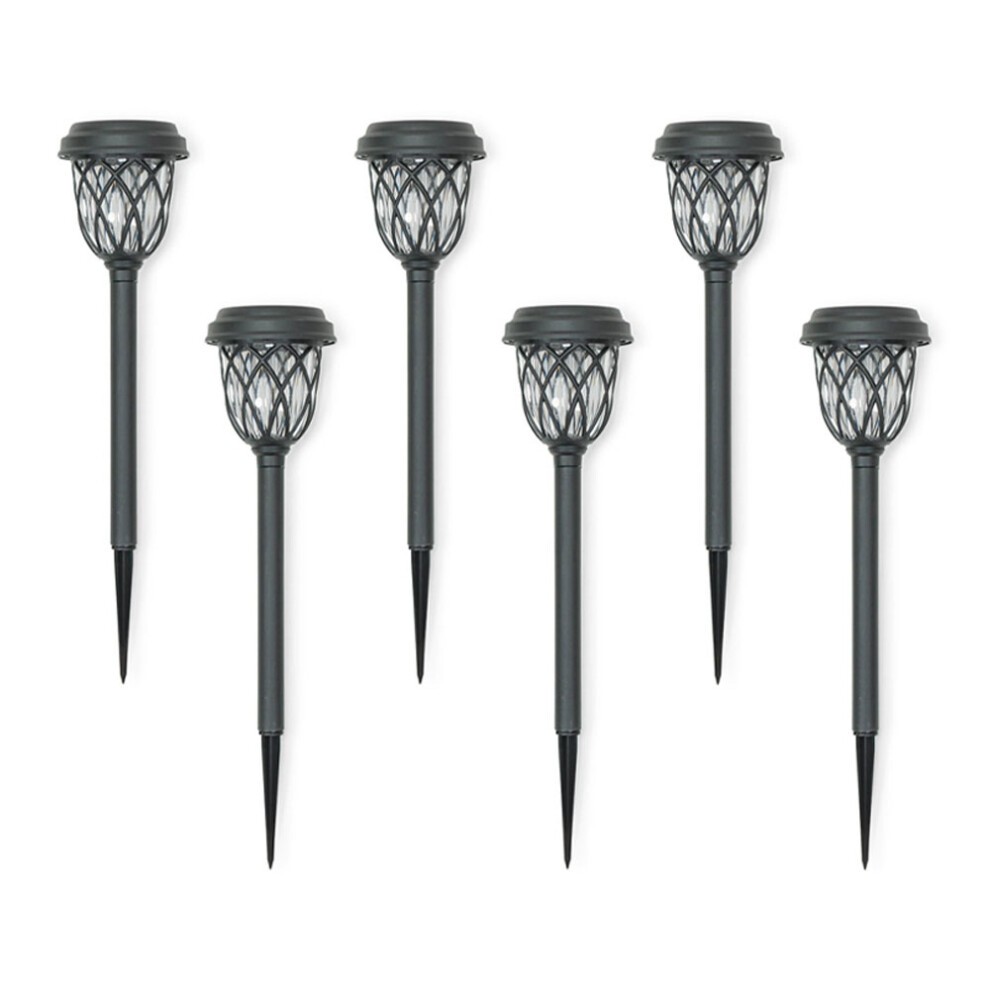 Six solar-powered black diamond spike lights with a sleek black finish and decorative mesh tops, designed for outdoor use.