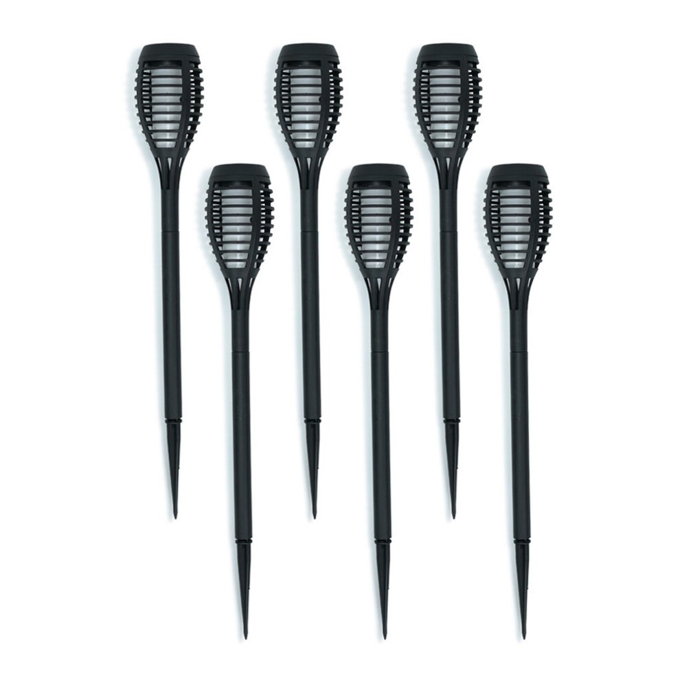 Six black solar-powered outdoor spike lights with a flame effect design, featuring a textured top and pointed stakes for easy ground installation.
