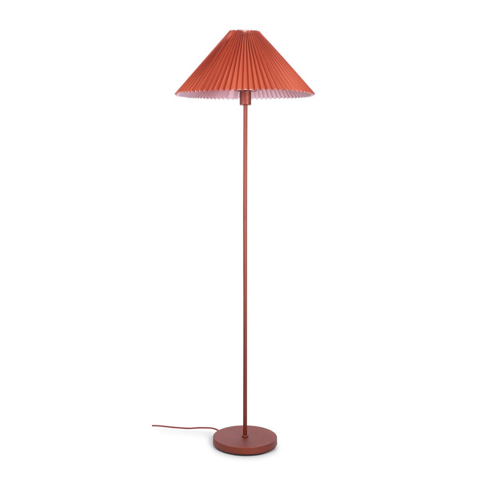 Slim floor lamp with a burnt orange pleated shade, metal base, and an LED bulb, featuring a modern design and a stylish silhouette.