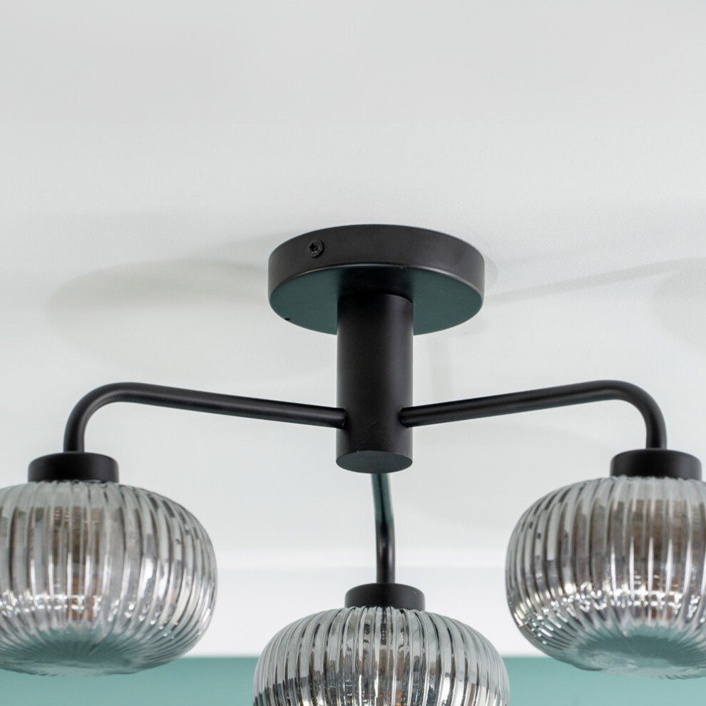 ValueLights Amaia Matt Black 3 Way Smoked Ribbed Glass LED Ceiling Light - image 2