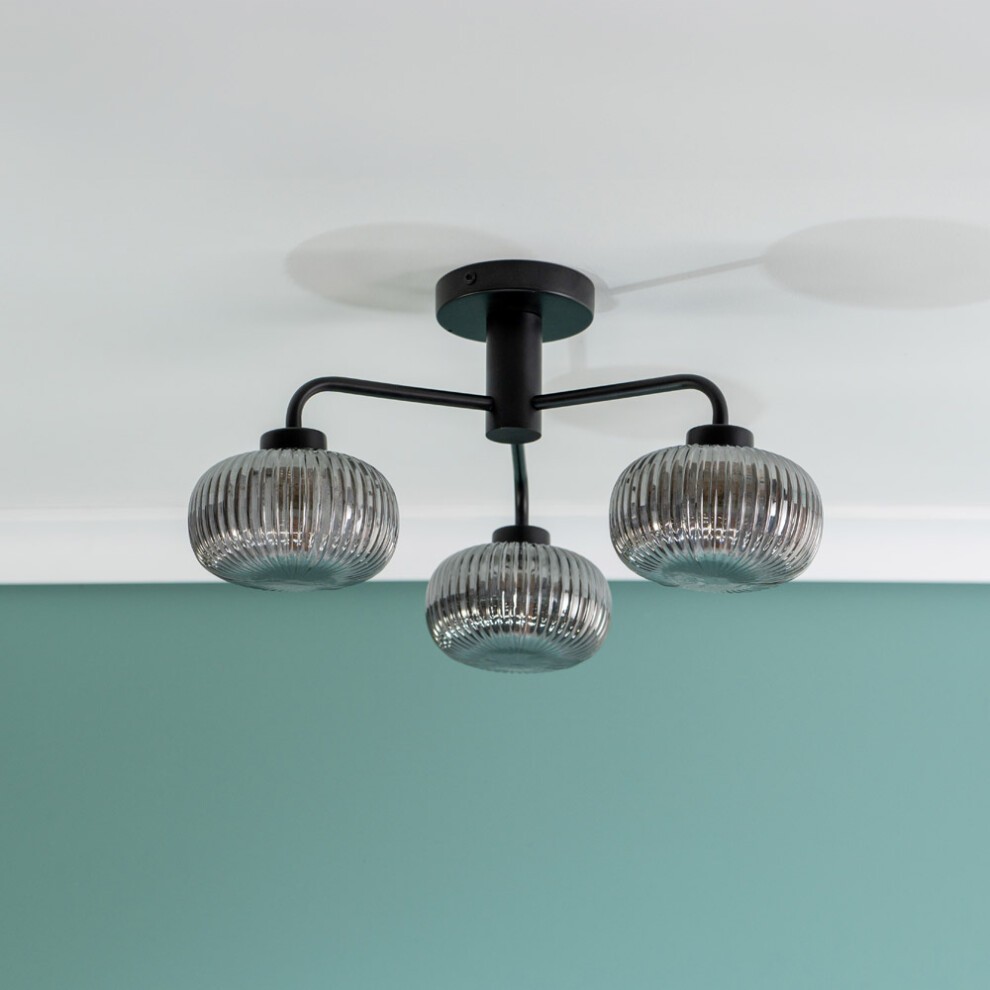 ValueLights Amaia Matt Black 3 Way Smoked Ribbed Glass LED Ceiling Light - image 3
