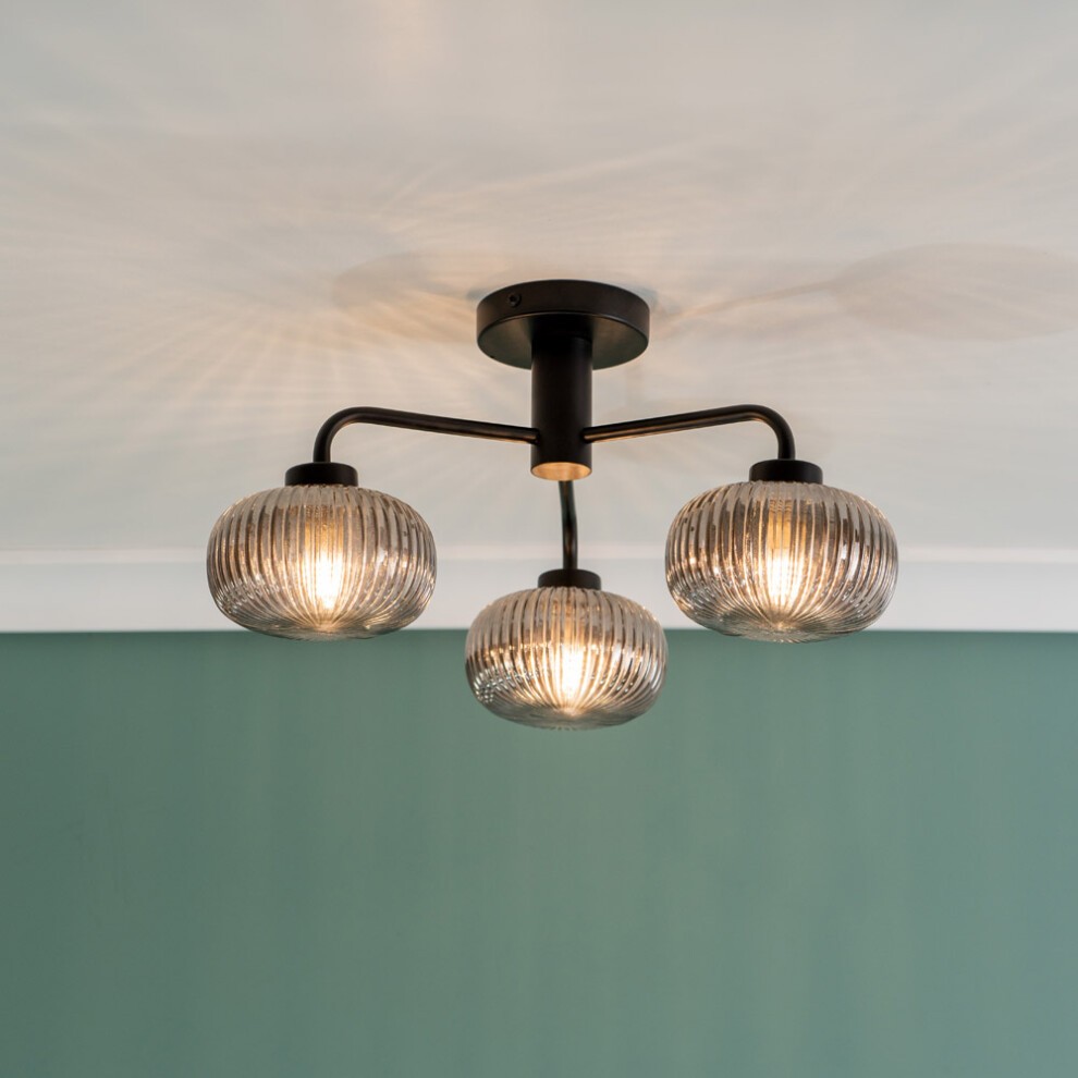 ValueLights Amaia Matt Black 3 Way Smoked Ribbed Glass LED Ceiling Light - image 4