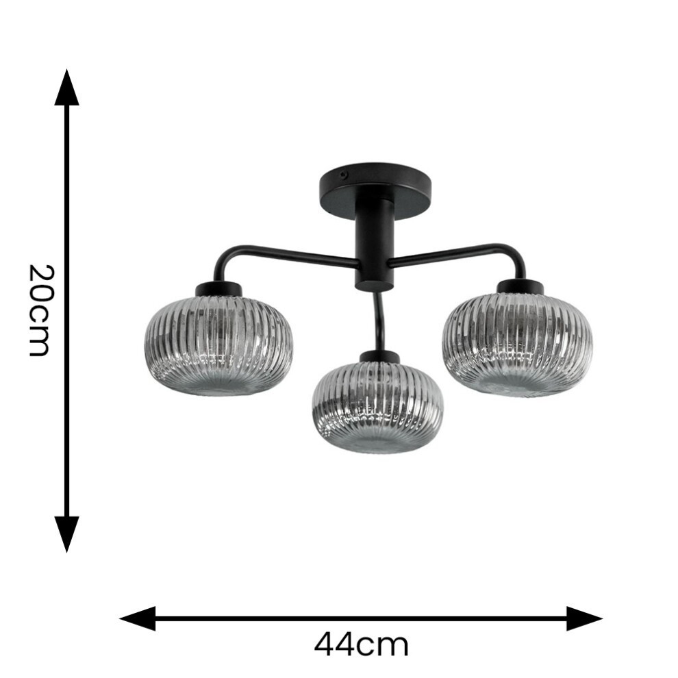 ValueLights Amaia Matt Black 3 Way Smoked Ribbed Glass LED Ceiling Light - image 5