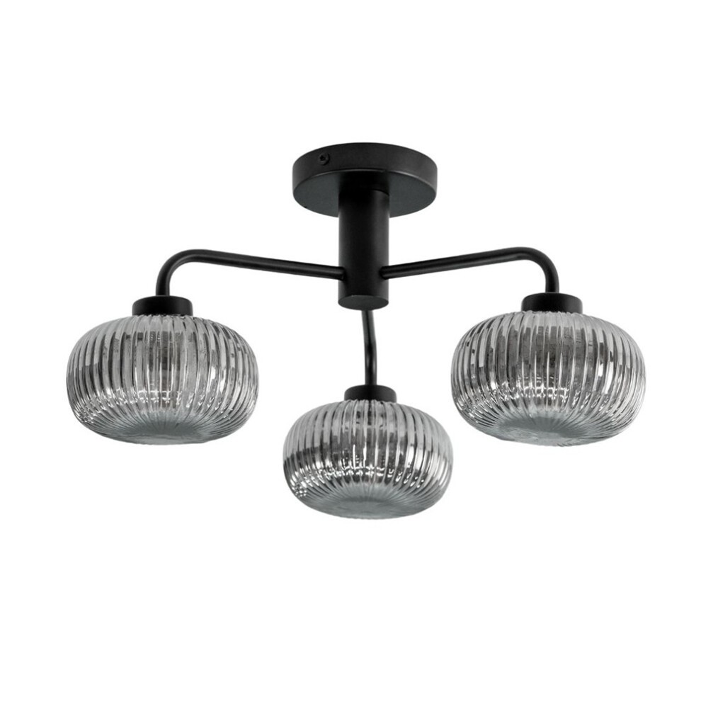 Matte black ceiling light fixture with three smoked ribbed glass shades, featuring a modern design and LED bulbs, suitable for IP44 rated indoor use.