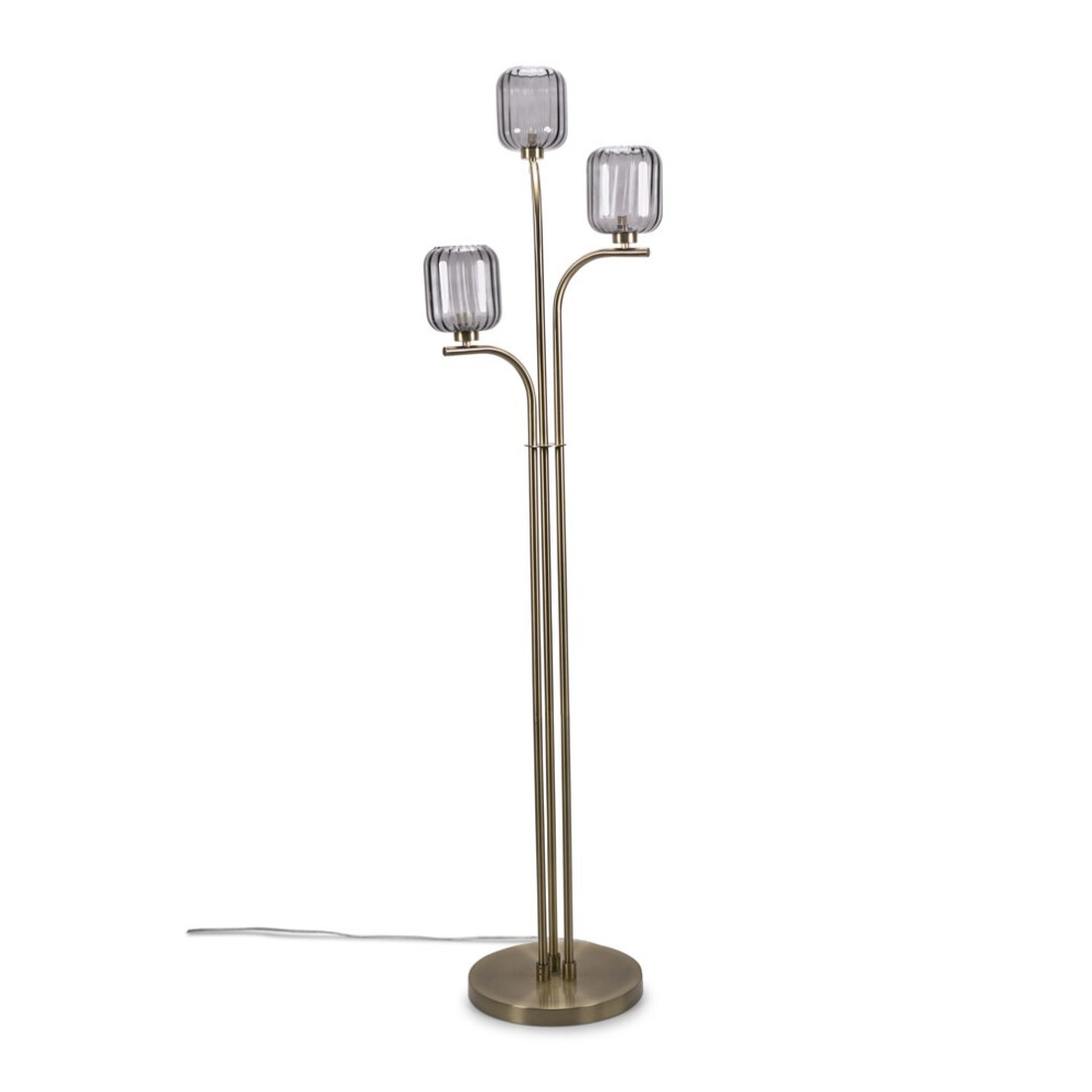 Gold stem floor lamp with three ribbed glass shades, featuring a sleek design and LED bulbs, set on a circular base.
