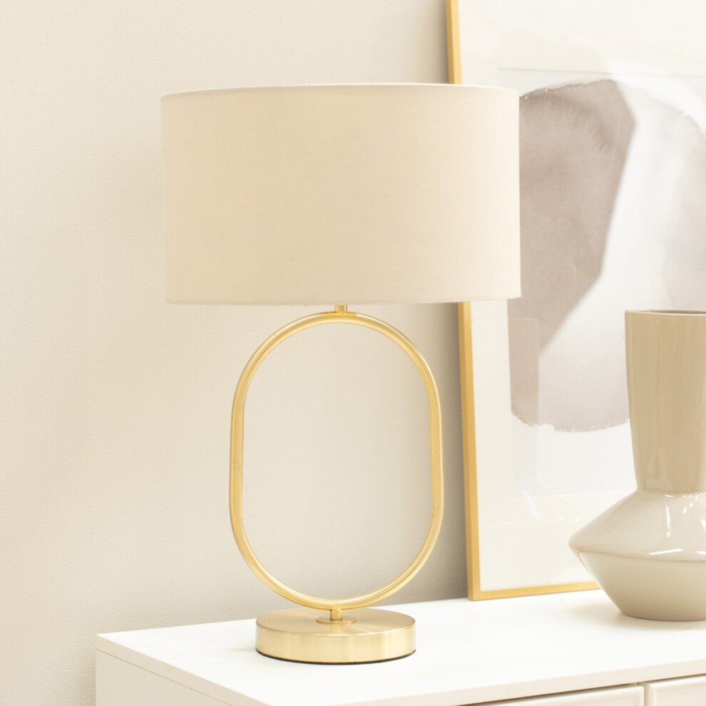 ValueLights Antonia Natural Fabric Drum Shade Brushed Gold Oval LED Table Lamp - image 2