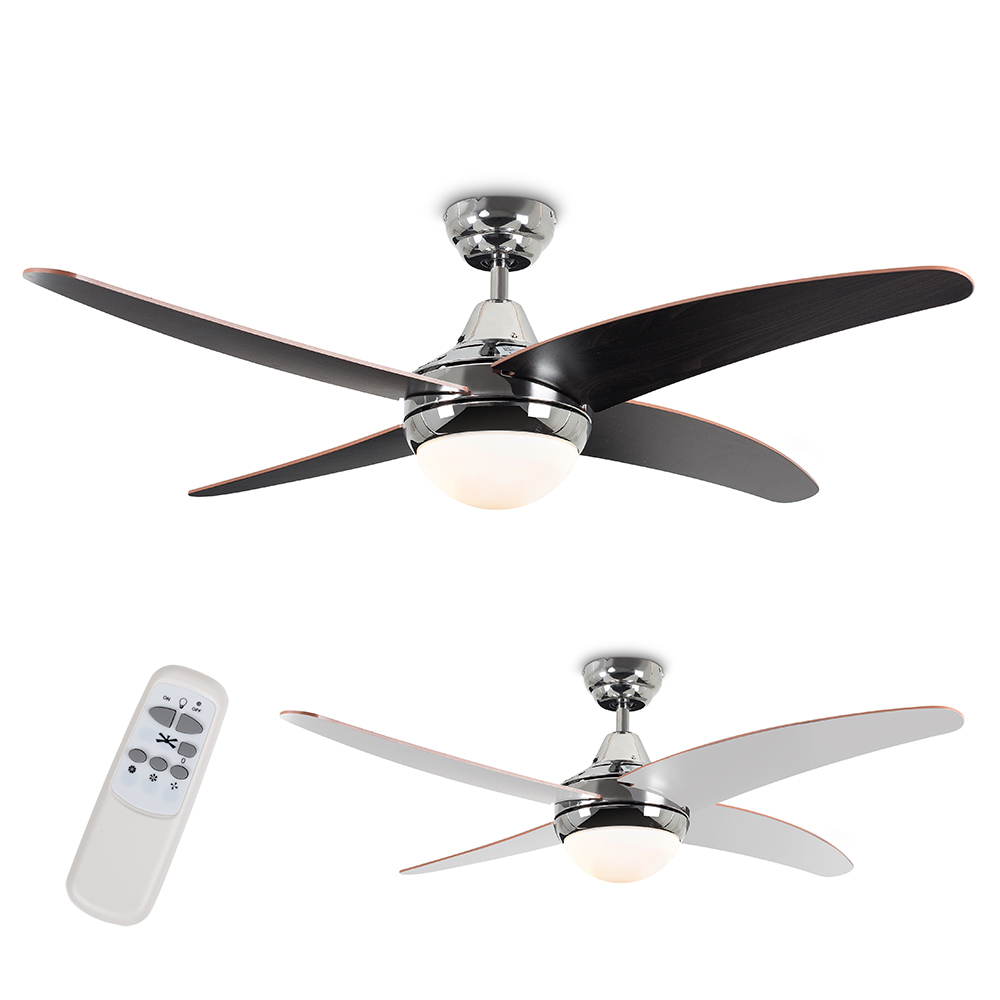 Chrome and wood ceiling fan with four blades, featuring a central light globe, remote control, and a sleek silver finish.