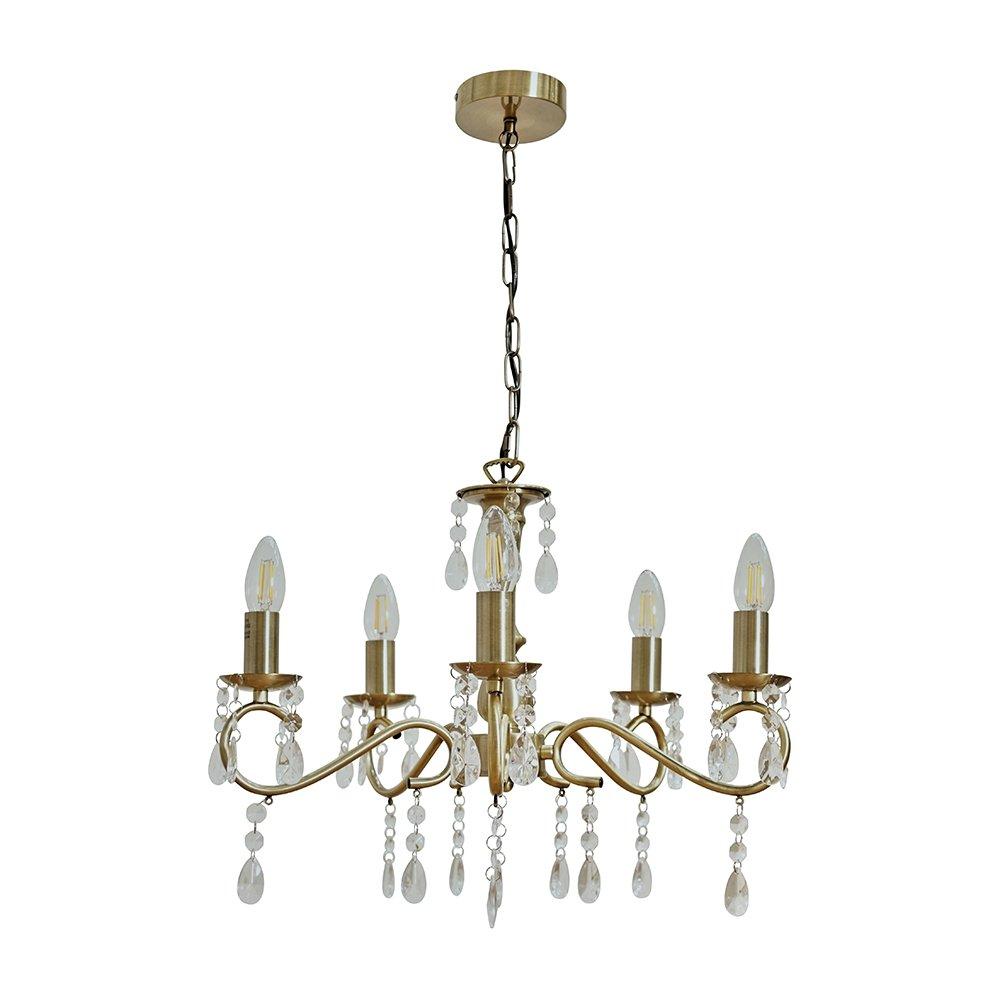 Brass chandelier with five candle-style lights, metallic gold finish, and decorative crystal drops, suspended from a chain and ceiling mount.