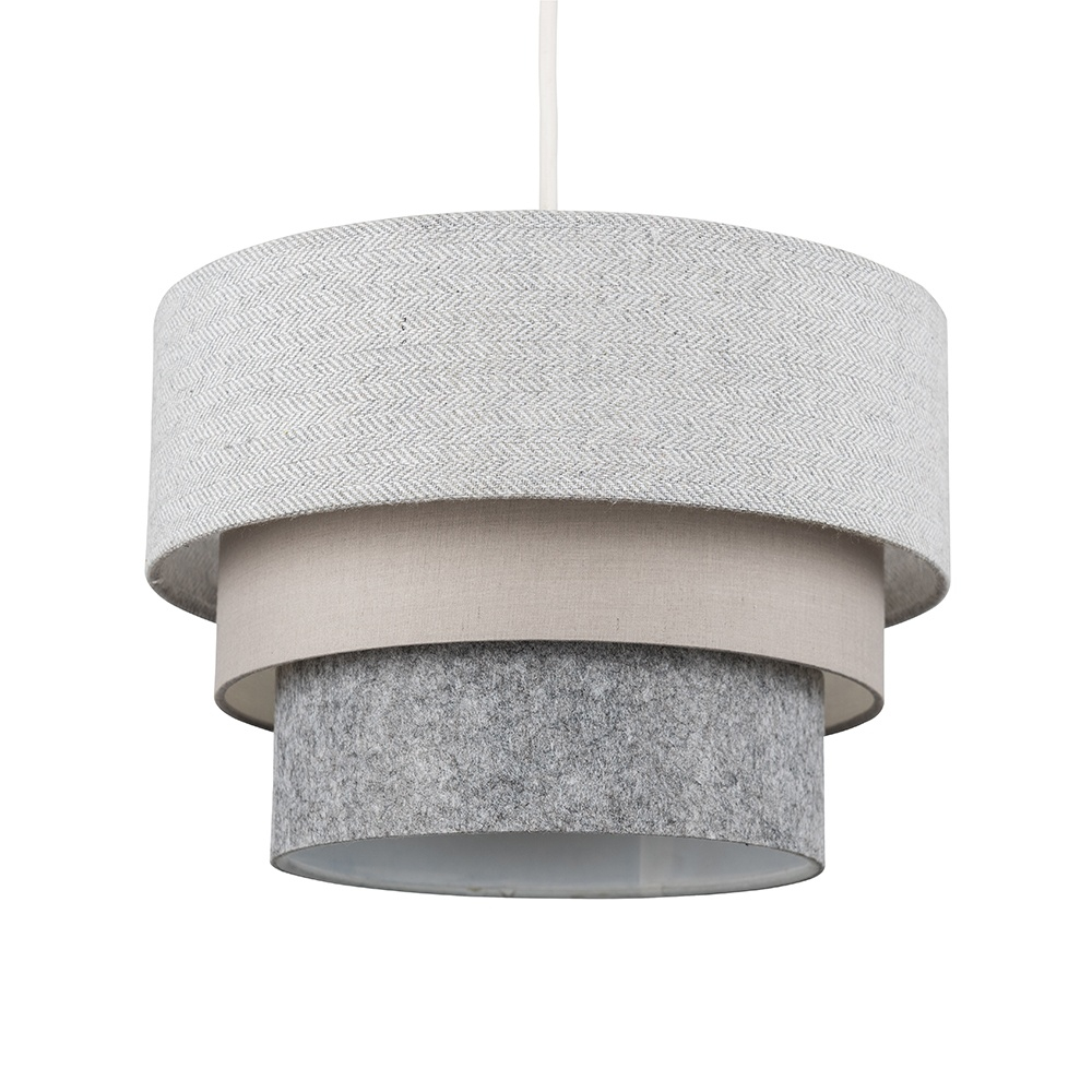 Three-tier ceiling lamp shade featuring a herringbone pattern in grey, with layers of felt and fabric in light grey and beige, designed for easy fitting.
