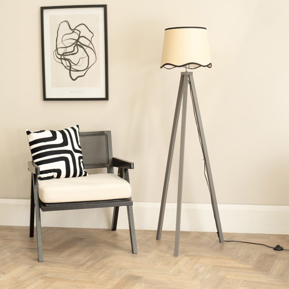 ValueLights Barbro Grey Tripod Floor Lamp with Black Trim Scallop Shade and Bulb - image 2
