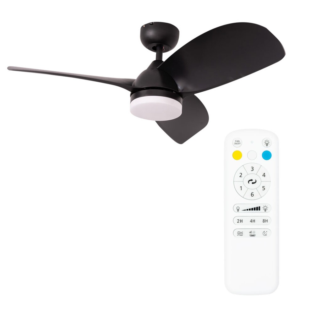 Matte black 36-inch ceiling fan with three sleek blades and a remote control, featuring a circular light fixture at the center for modern lighting.