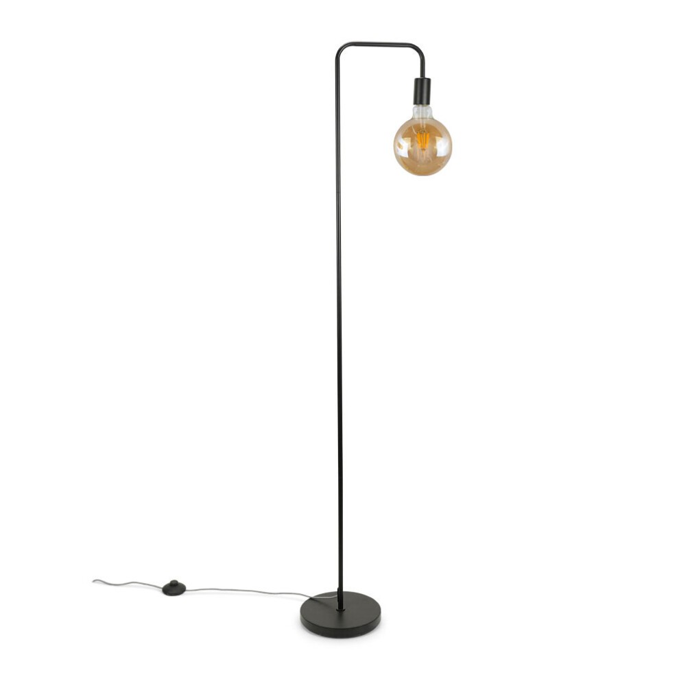 Black curved stem floor lamp with a round base, featuring a clear LED bulb, designed in an industrial style for modern decor.