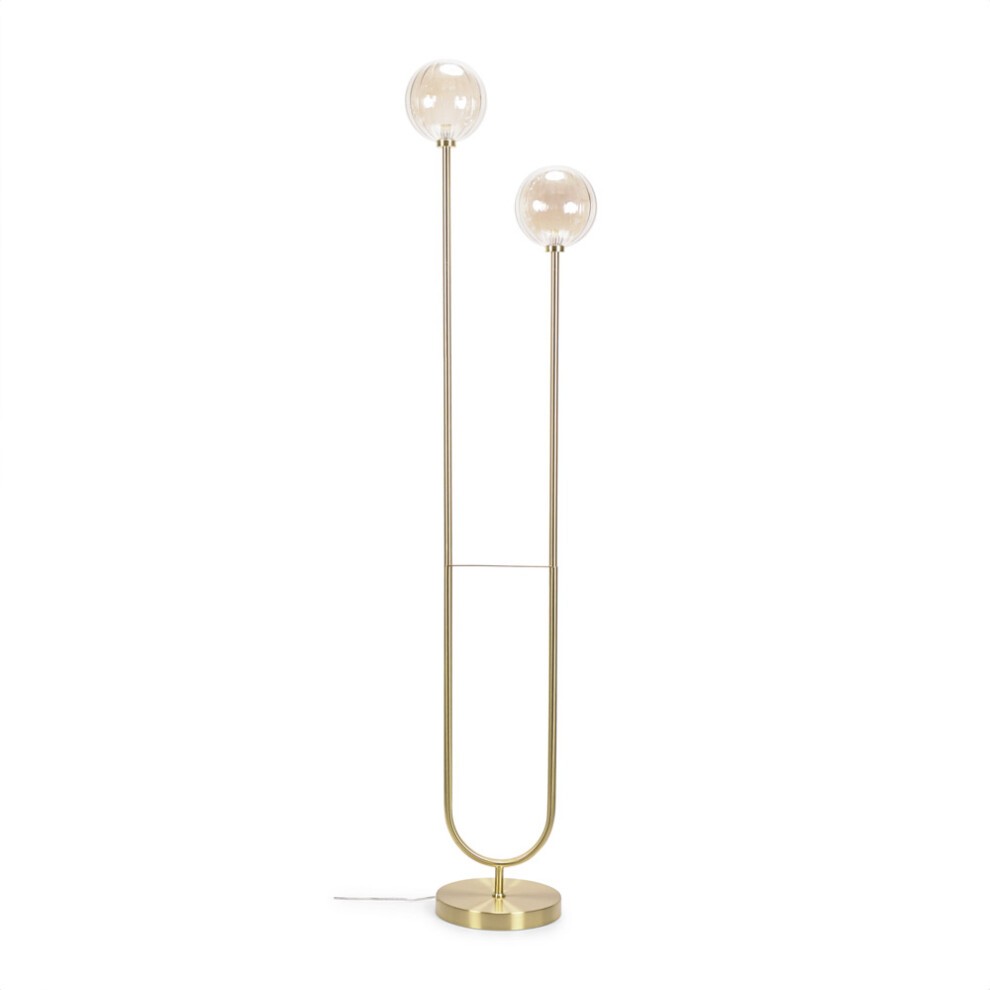 Gold dual stem floor lamp featuring two asymmetrical ribbed glass globes, set on a circular base, with a sleek modern design and integrated LED bulbs.
