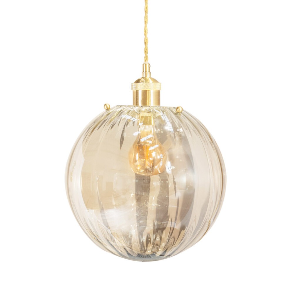 Gold-finished ceiling lamp shade featuring a ribbed glass globe design, showcasing a warm light bulb inside, suspended by a twisted cord.