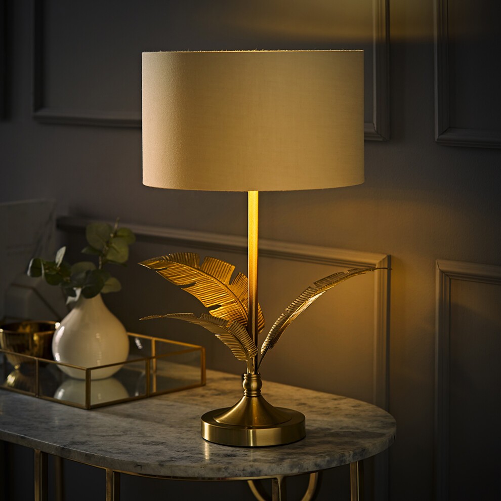 ValueLights Christina Metallic Gold Inner Natural Drum Shade Gold Palm Leaf LED Table Lamp - image 2
