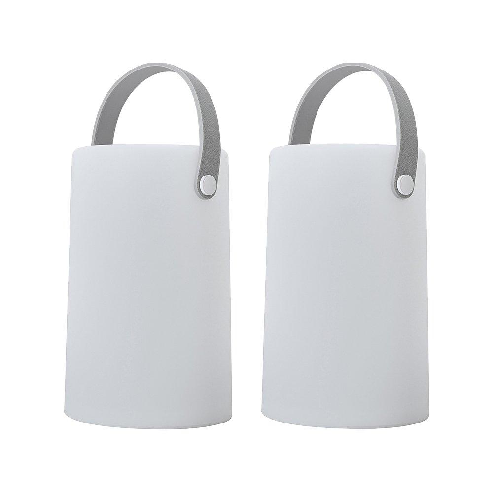 Two white outdoor decorative lights with a smooth, cylindrical design and gray handles for easy carrying.