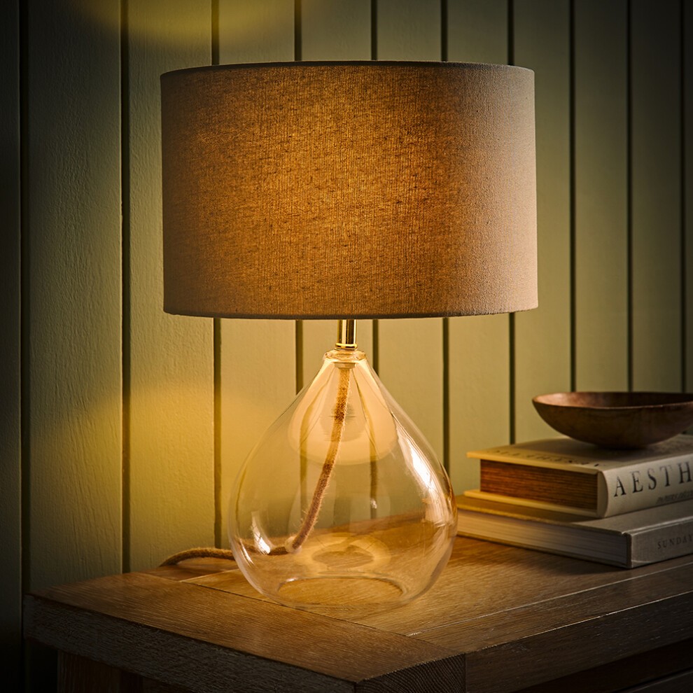 ValueLights Eloise Natural Linen Drum Shade Clear Glass Teardrop LED Table Lamp - image 2