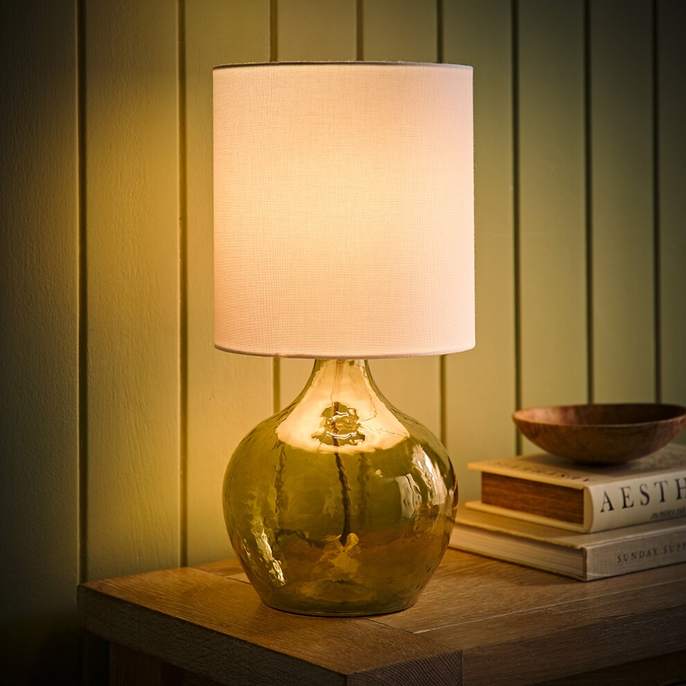 ValueLights Emily Natural Linen Drum Shade Dark Green LED Teardrop Table Lamp - image 2