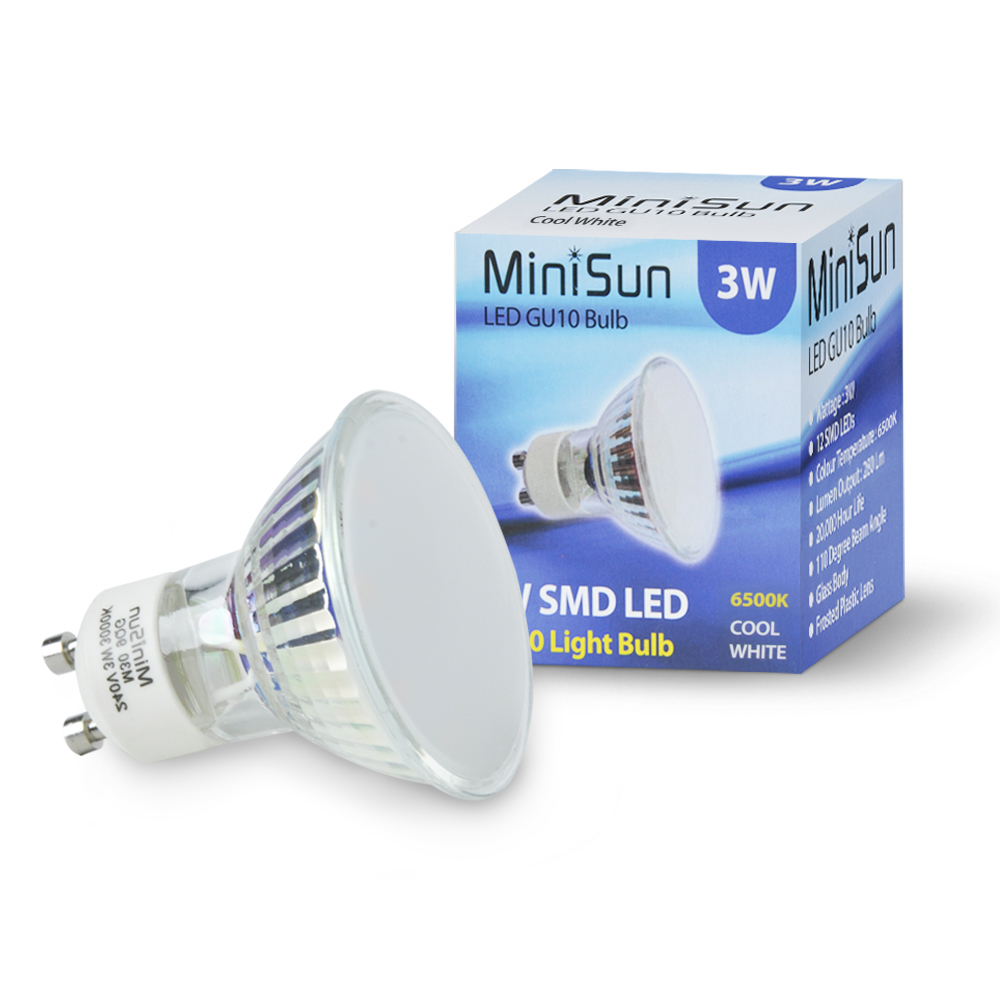 White GU10 LED spotlight bulb with a clear glass cover, 3W power, 6500K cool white light, and a compact design, alongside a colorful box displaying product details.