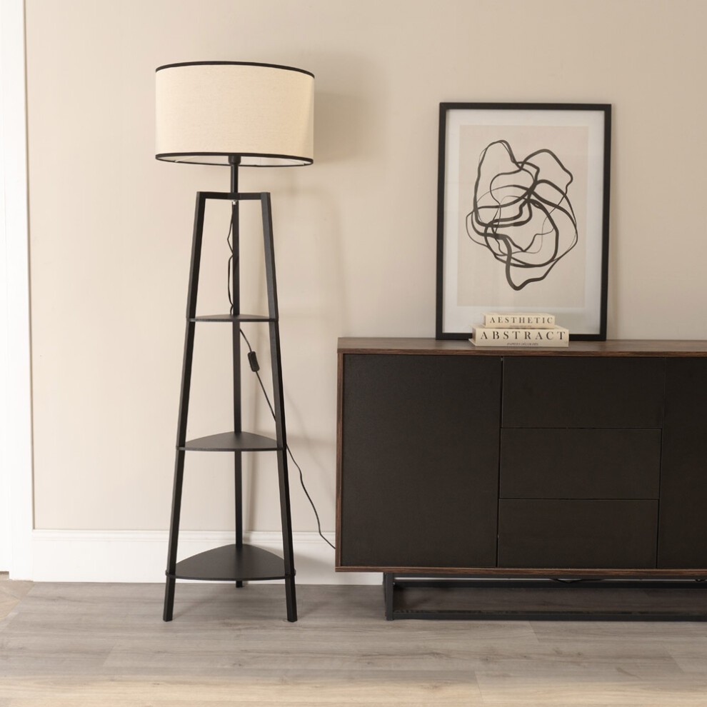ValueLights Hiru 3 Shelf Black Trim Linen Shade Black Floor Lamp with Bulb - image 2