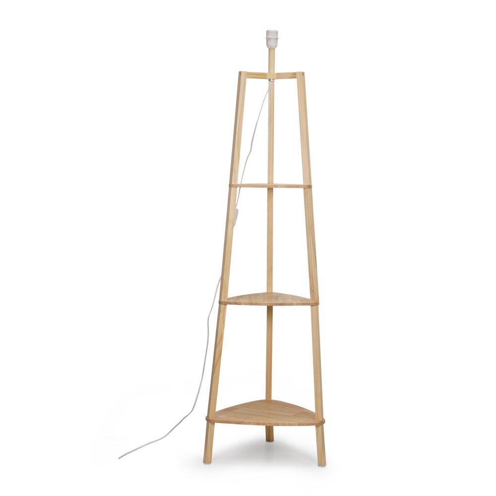 Natural wood tripod floor lamp base with three tiered shelves, featuring a minimalist design and a white cord for electrical connection.