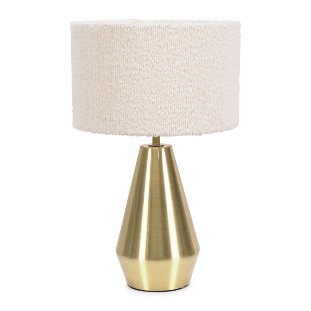 Dimmable touch table lamp featuring a brass metal base and a cream boucle shade, combining modern design with a soft texture.
